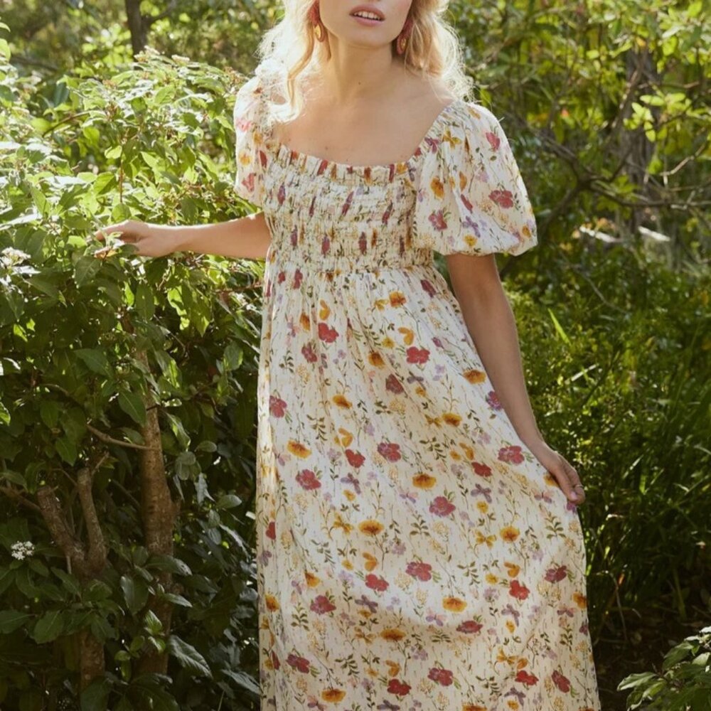 EDDY AURORA PUFF SLEEVE MAXI DRESS IN ALABASTER MULTICOLOR FLORAL, SIZE XL